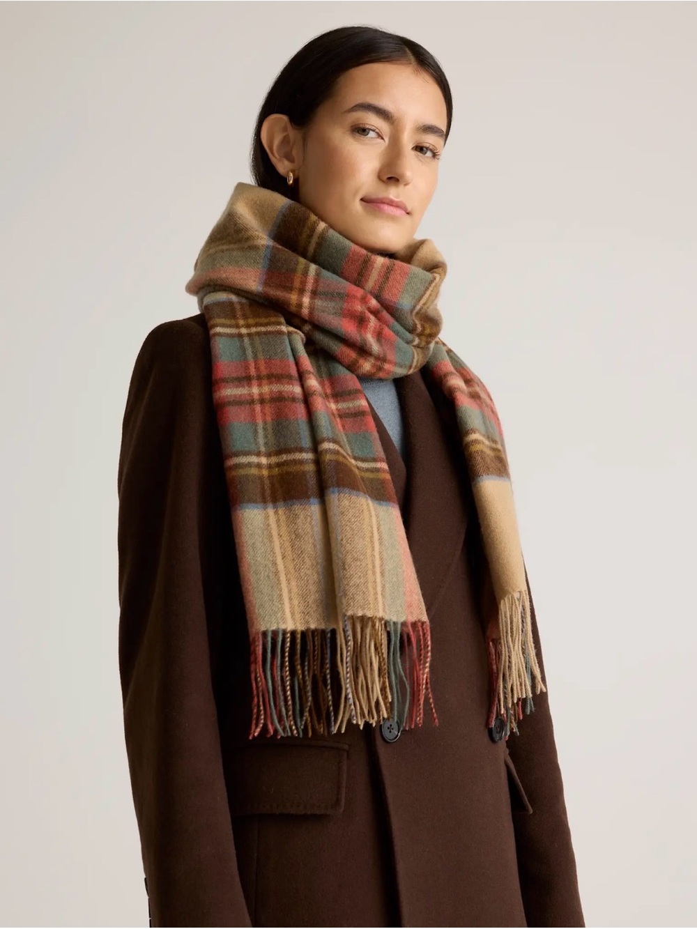 NWT Quince Mongolian Cashmere Tartan Scarf Camel with Red and Green check